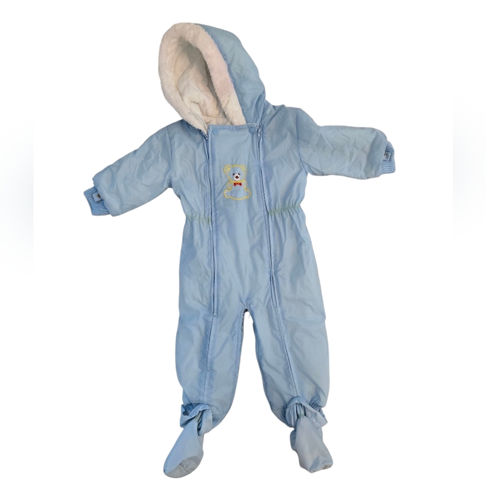 Vintage 1980s JC Penney Pastel Blue Hooded Baby Snowsuit with Bear Design
